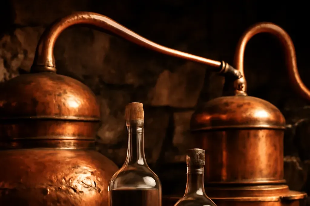 Alambics de cuivre traditionnels utilisés pour la distillation artisanale de la vodka