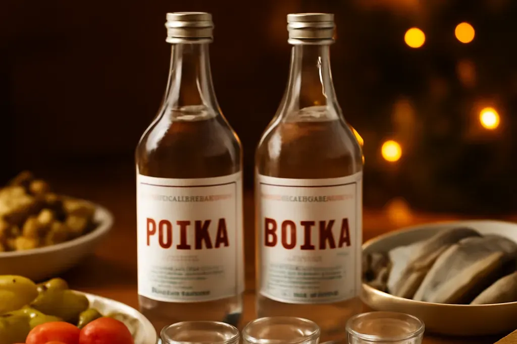 Table russe traditionnelle avec bouteilles de vodka, petits verres et zakouski d’accompagnement