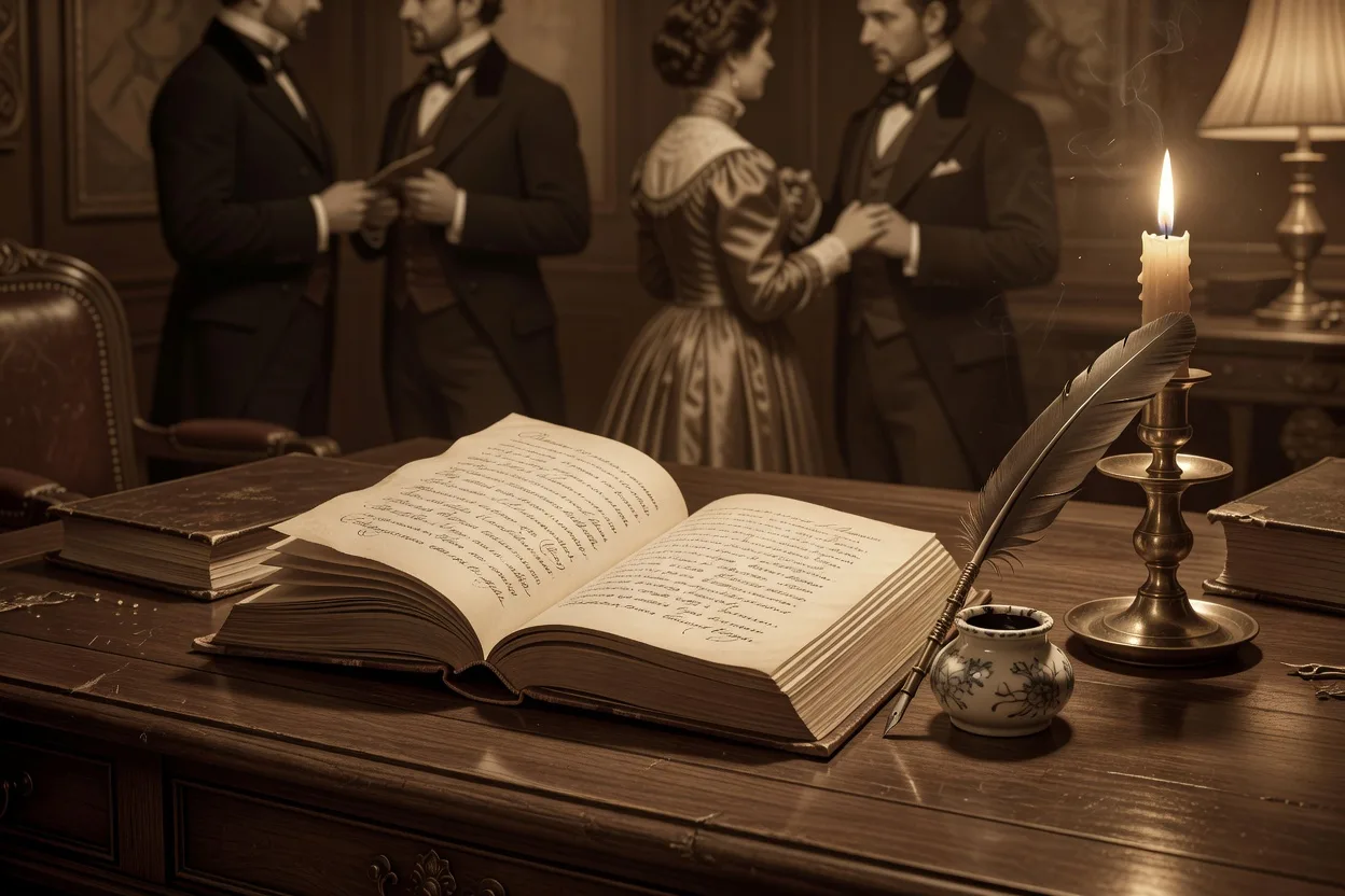Portrait d'Alexandre Pouchkine entoure de livres anciens et de manuscrits