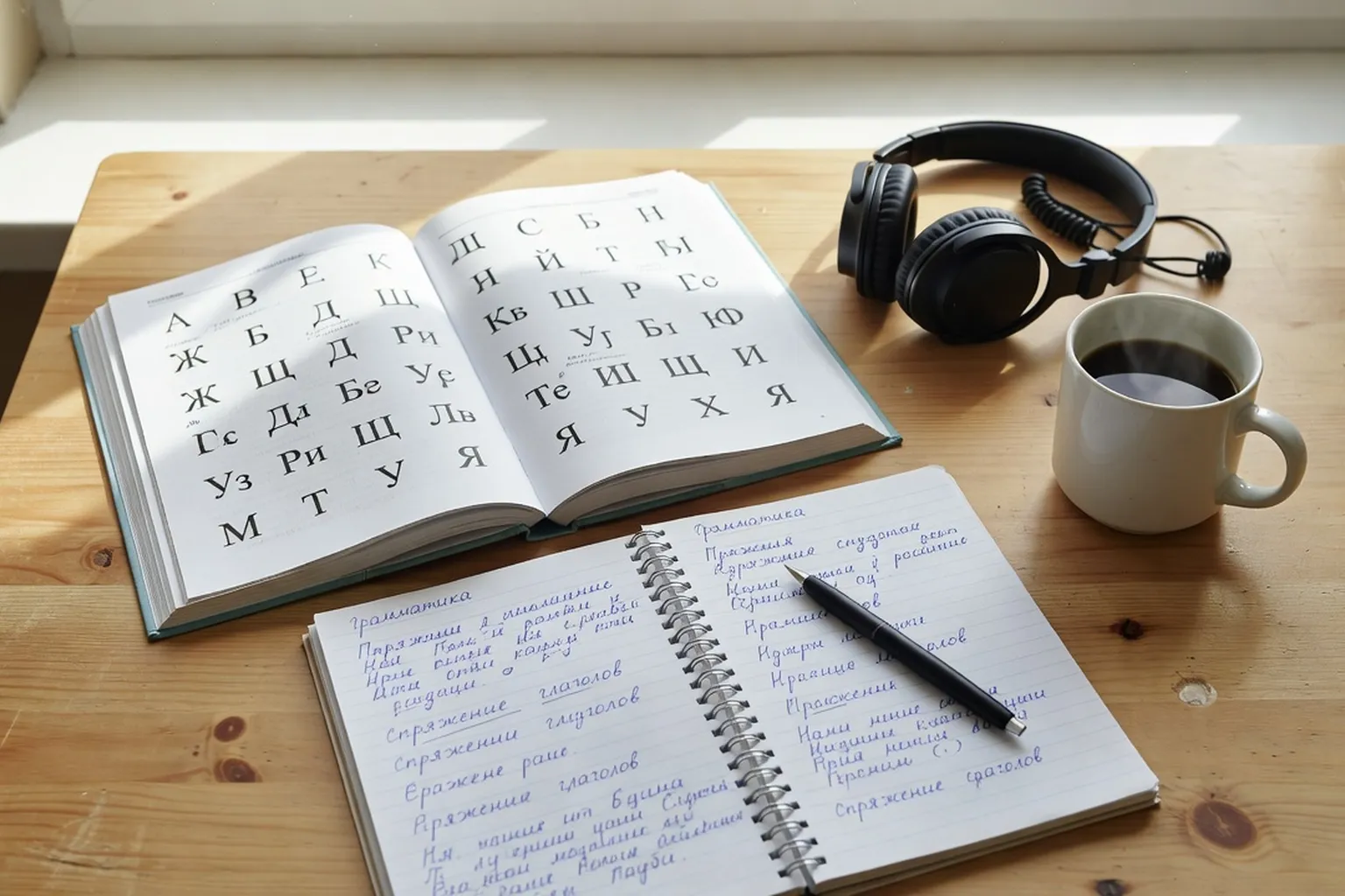 Manuel d'apprentissage du russe ouvert avec alphabet cyrillique et carnet de notes