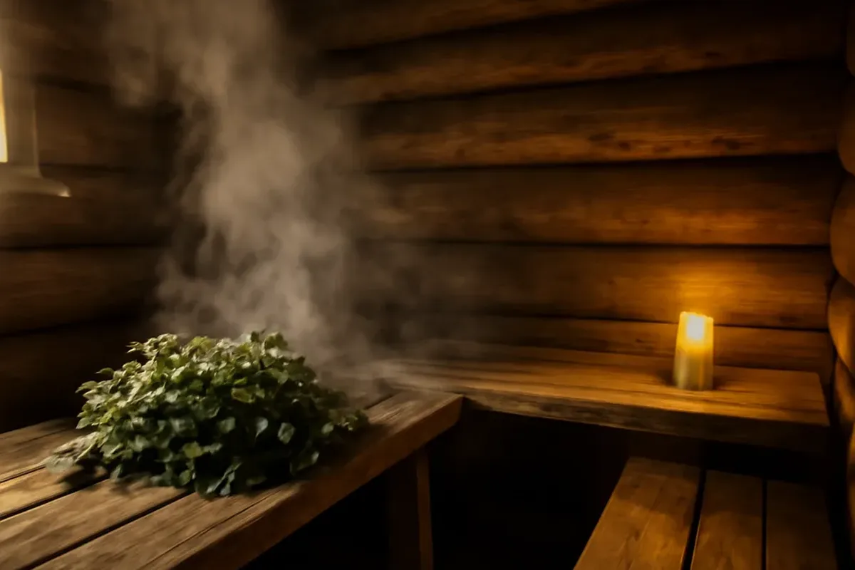 Intérieur d'une banya russe traditionnelle avec bancs en bois et pierres chauffées