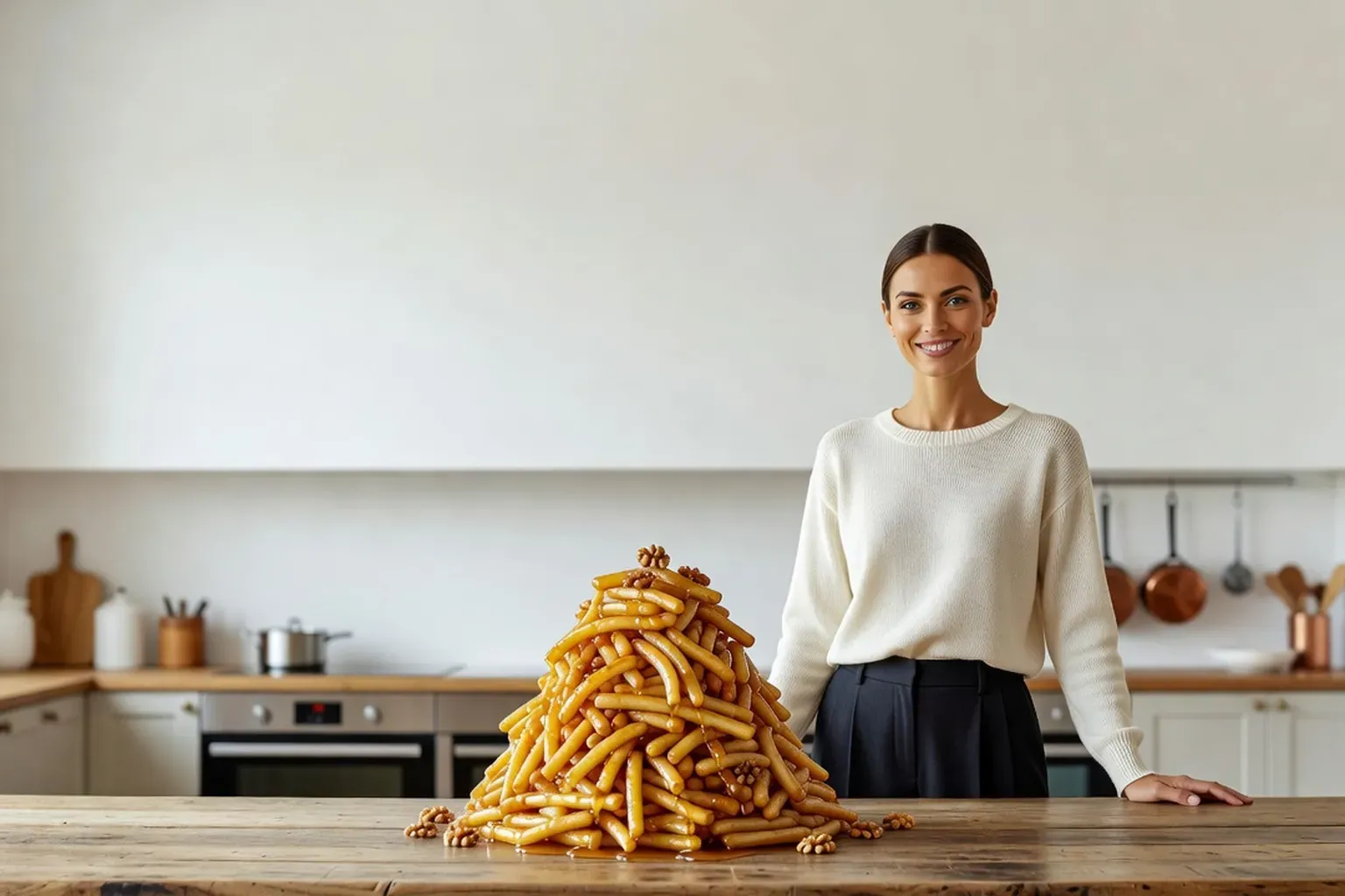 Femme souriante derrière une table en bois, devant une pyramide de chak-chak au miel dorée posée sur un plat blanc