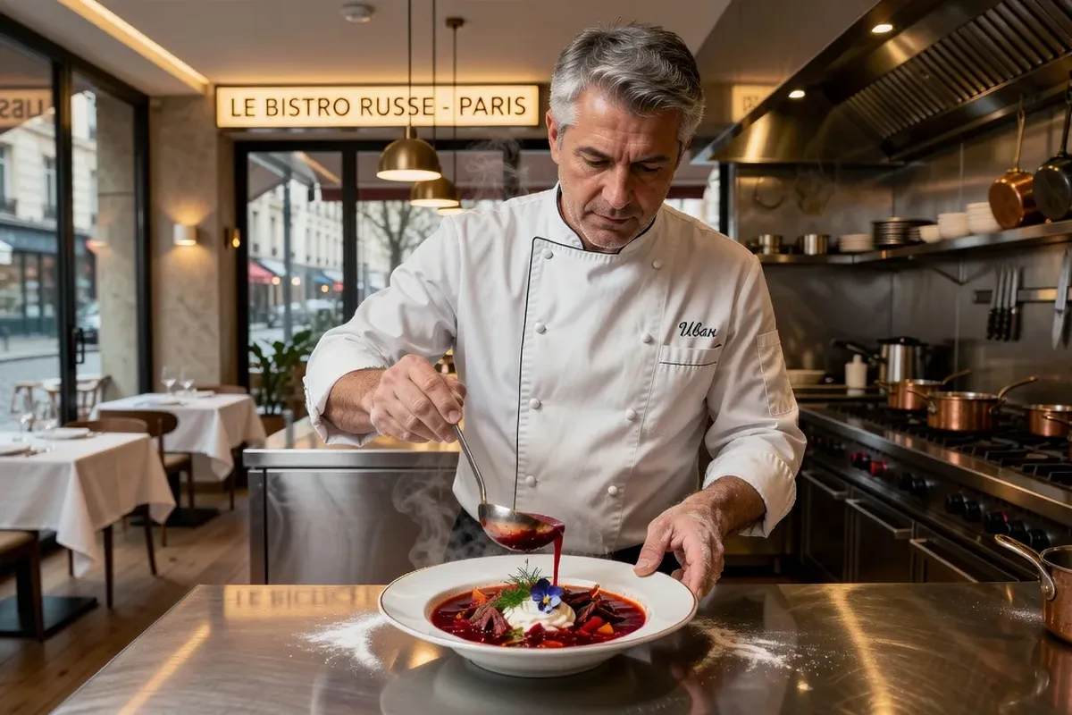 Chef Nikolaï Ivanov dans sa cuisine, présentant un plat de zakouski russes traditionnels