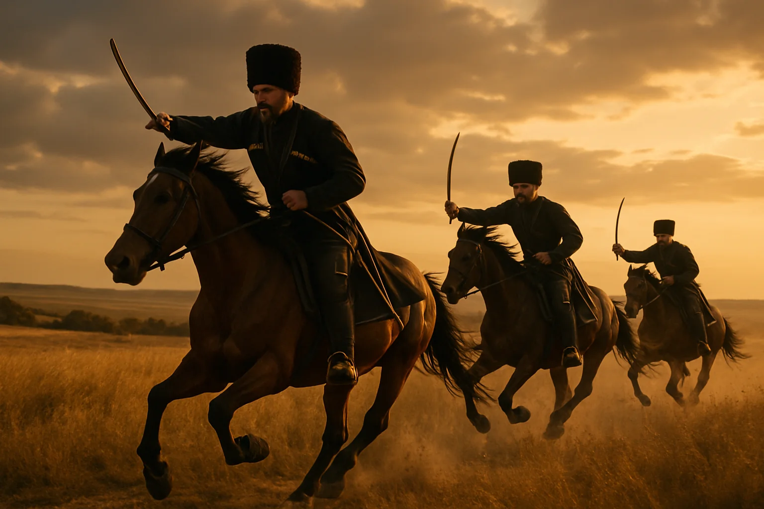 Cavaliers cosaques à cheval traversant la steppe ukrainienne au crépuscule