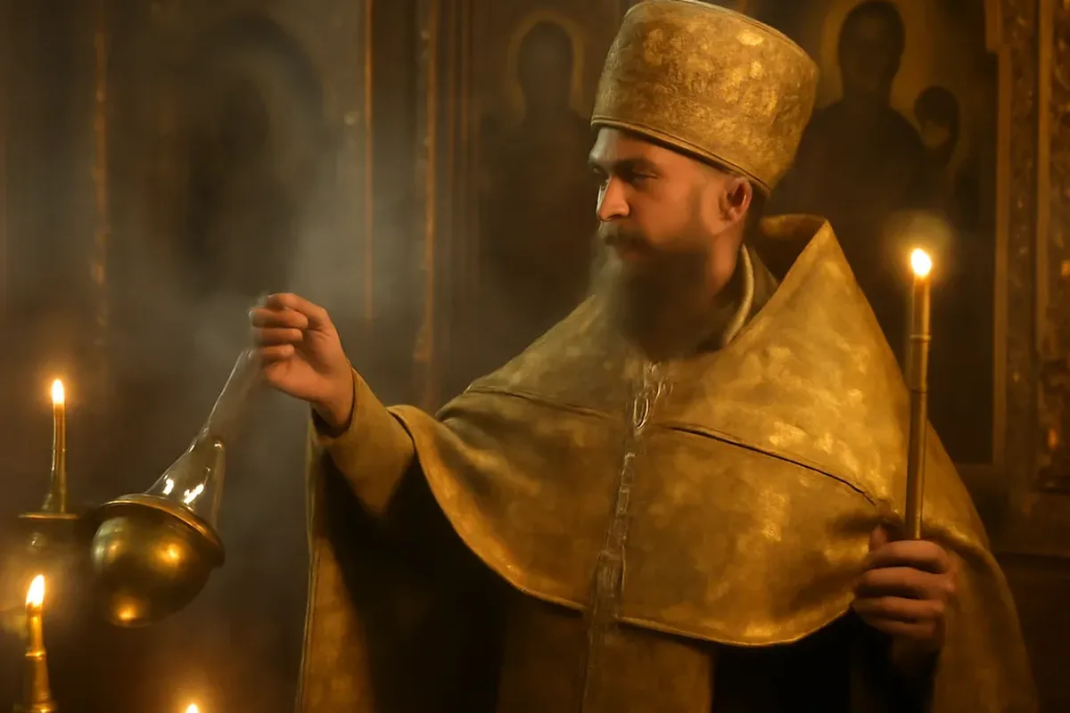 Divine liturgie orthodoxe russe dans une cathédrale dorée avec iconostase