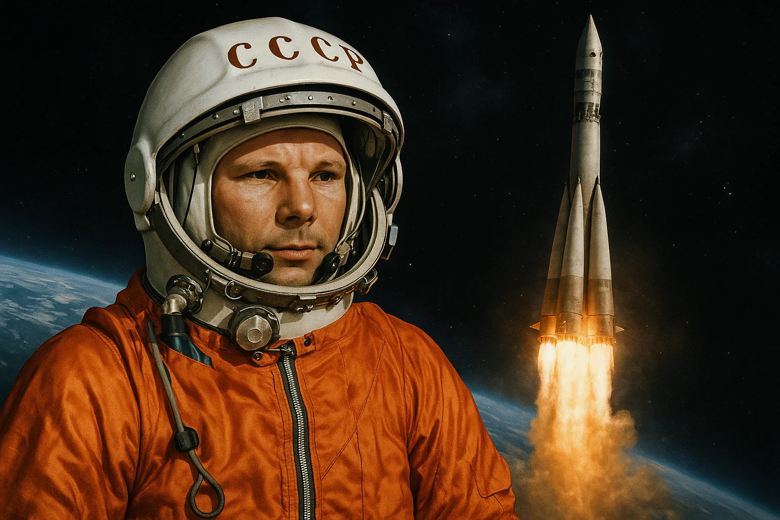 Youri Gagarine en combinaison de cosmonaute devant la fusée Vostok 1