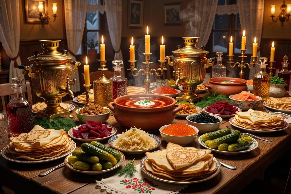 Table gastronomique russe avec zakouski et plats traditionnels