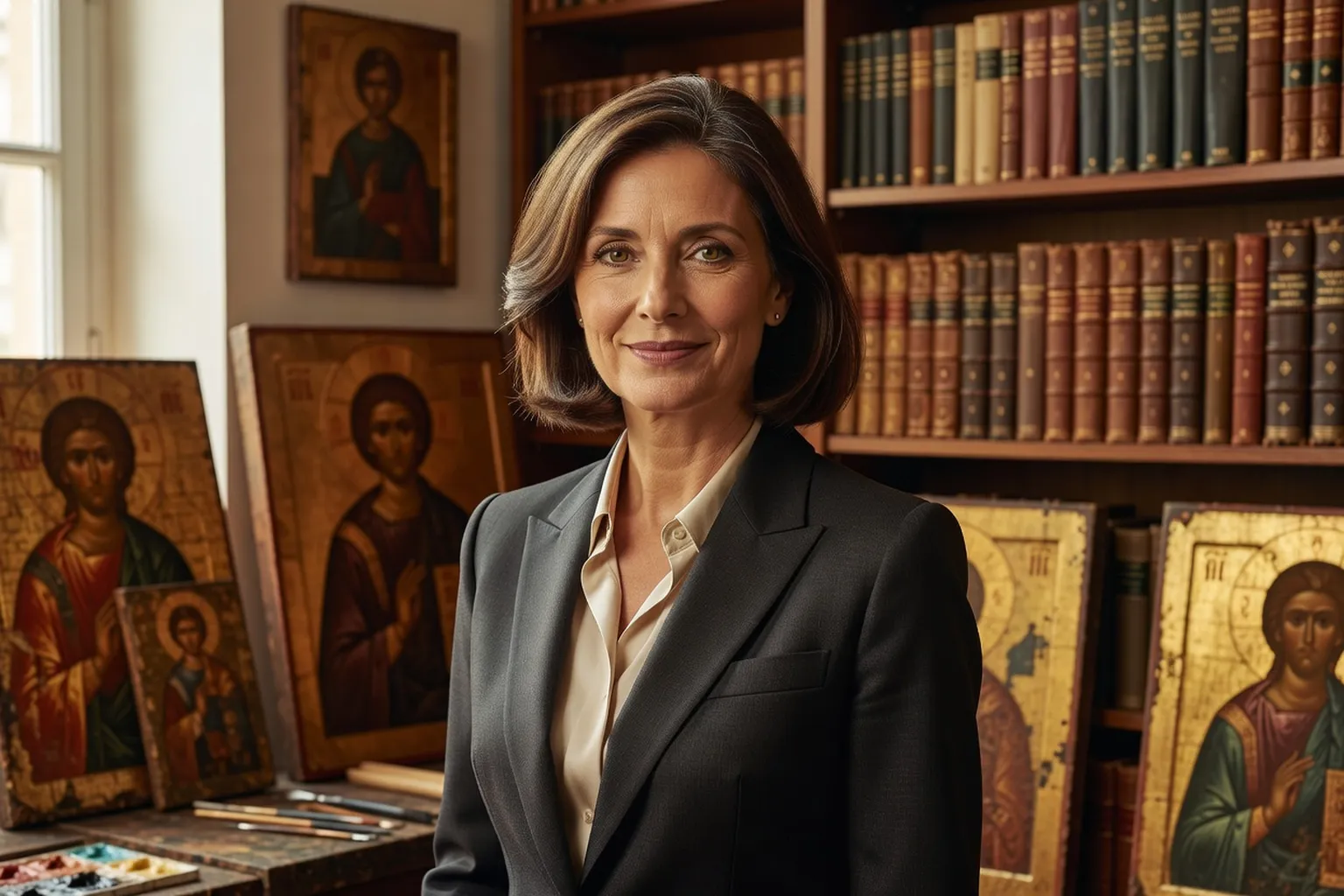 Elena Sokourova, historienne de l'art spécialisée en iconographie orthodoxe russe, dans son atelier