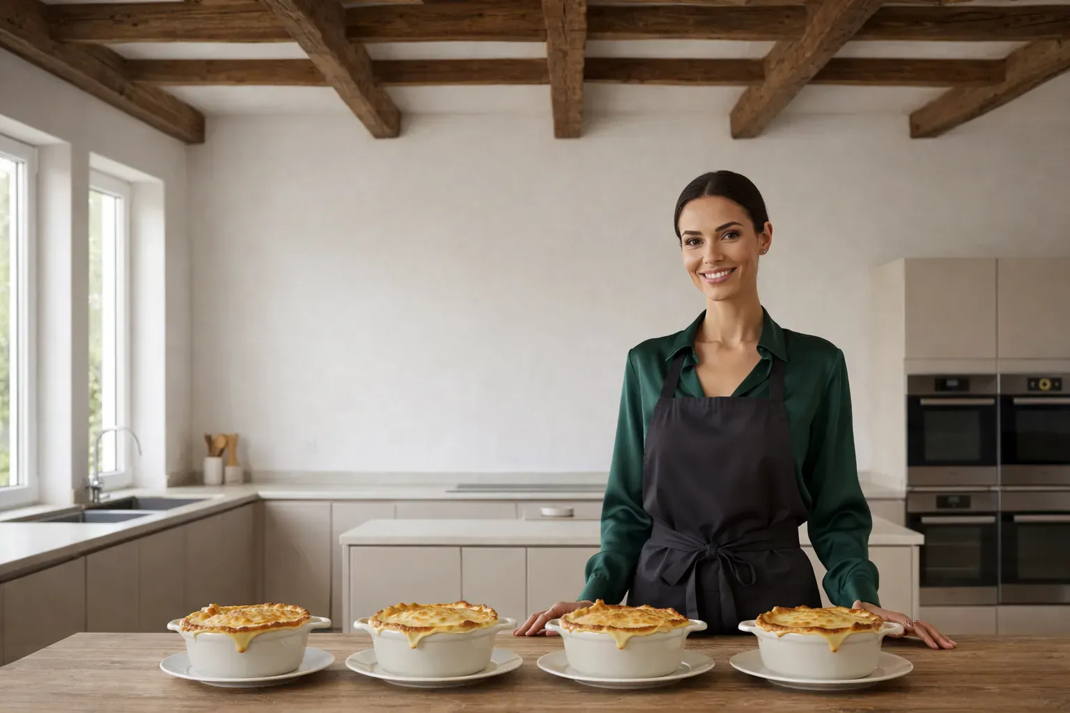 Femme souriante derrière une longue table en bois portant quatre cocottes de julienne russe gratinée de champignons et de poulet