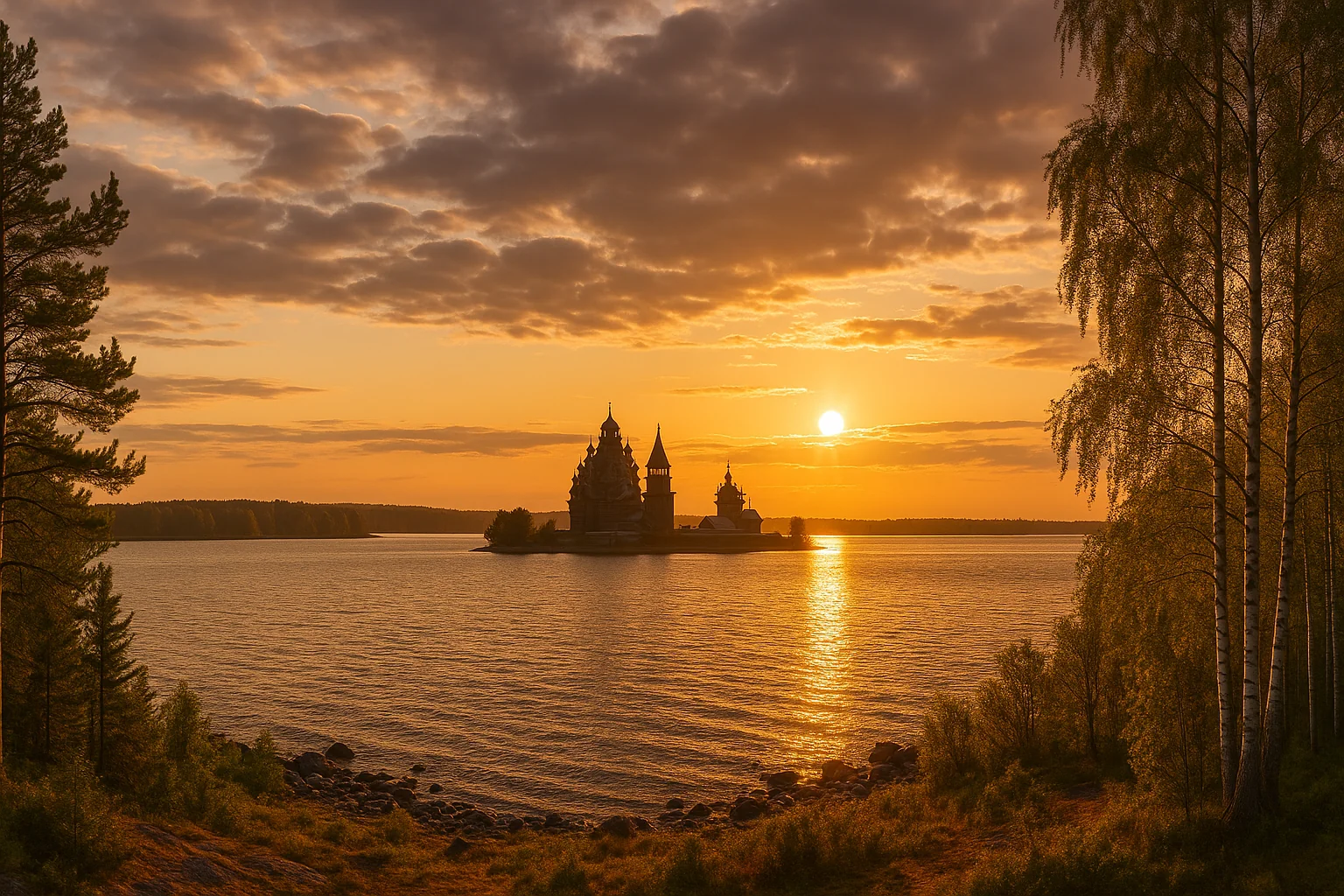 Panorama du lac Onega en Carélie avec l'île de Kiji et ses églises en bois au loin