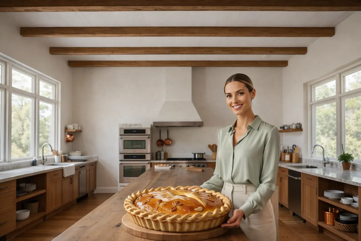 Femme souriante derrière une table en bois, présentant un kurnik doré en dôme décoré de motifs en pâte