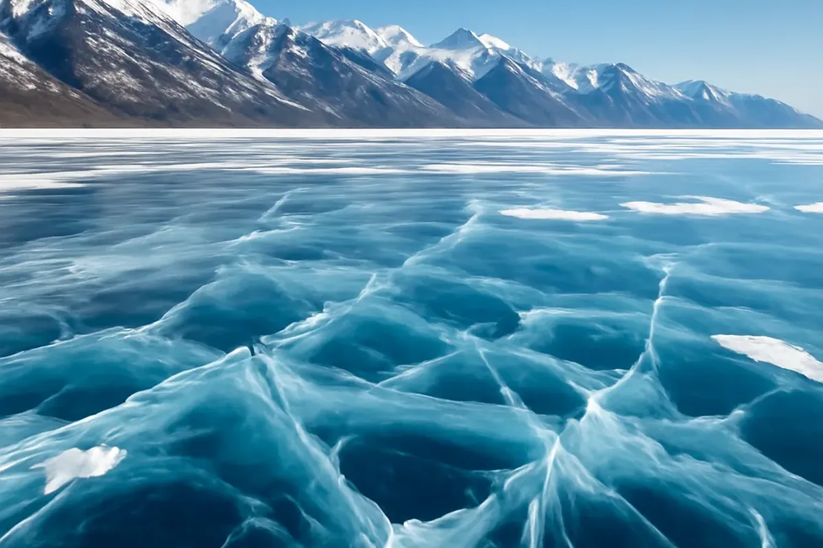 Vue panoramique du lac Baïkal en hiver avec sa glace translucide bleue et les montagnes enneigées