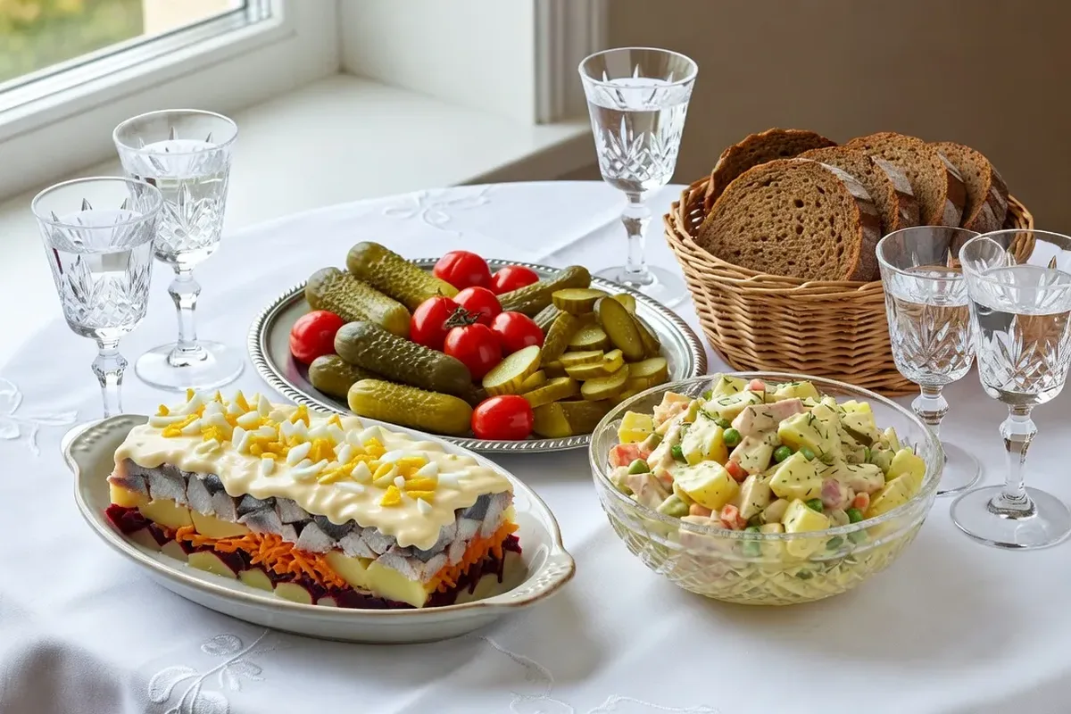 Table de zakouski russes avec caviar, harengs marinés et salades colorées