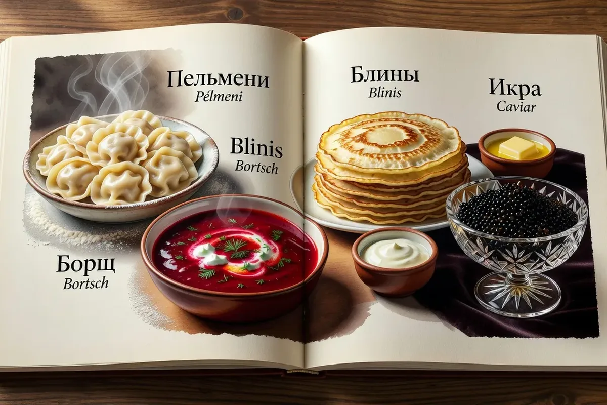 Table russe traditionnelle avec bortsch, blinis, zakouski et pelmenis, richesse de la cuisine slave