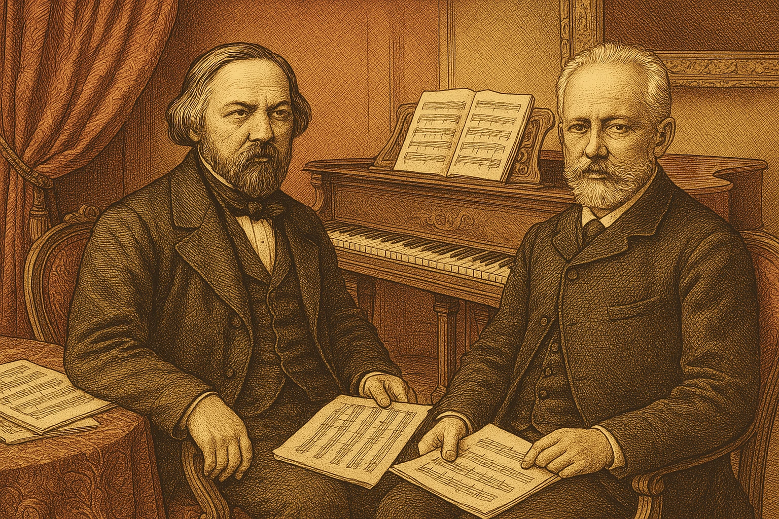 Portrait de Mikhaïl Glinka et partition manuscrite de Tchaïkovski sur fond de théâtre russe du XIXe siècle