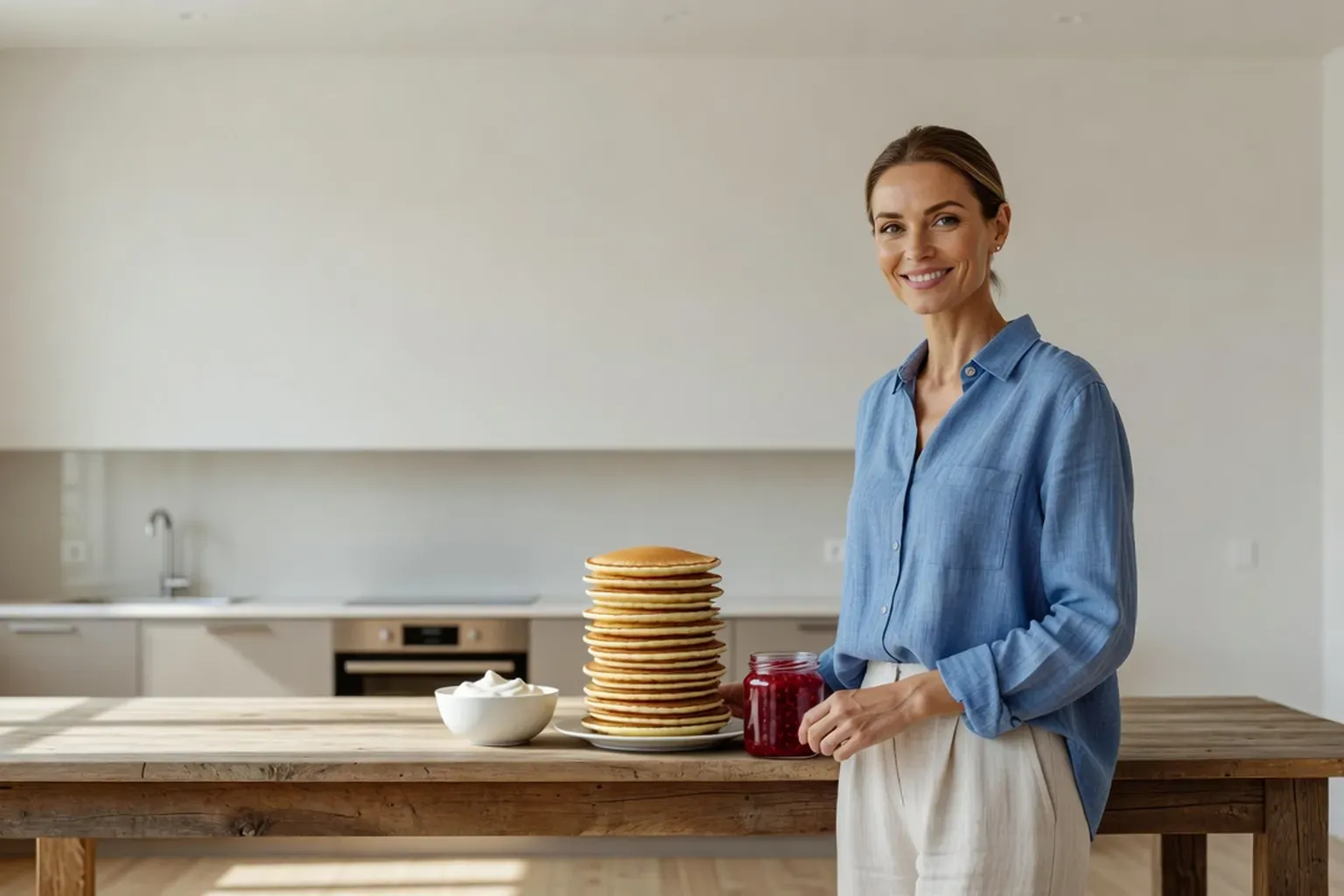 Femme souriante derrière une longue table en bois portant une pile de petites crêpes épaisses dorées
