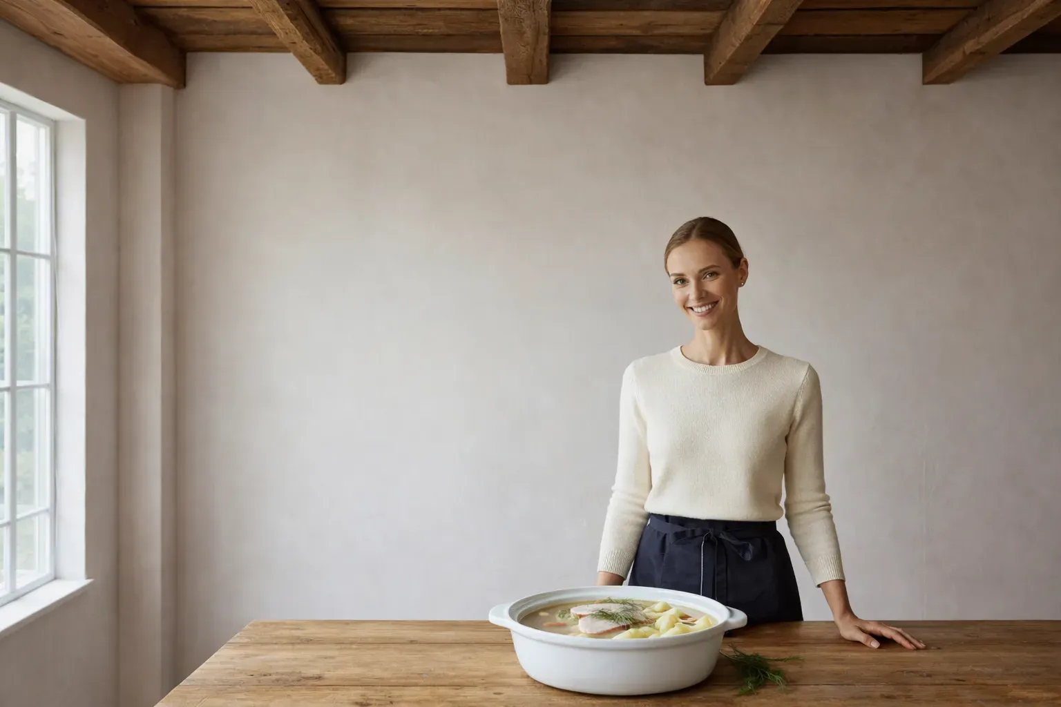 Femme souriante derrière une longue table en bois portant une soupe de poisson dorée aux herbes
