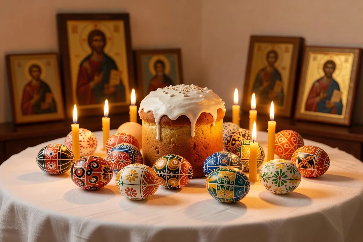 Table de Paques orthodoxe russe avec koulitch, Pashka et oeufs peints entoures de cierges