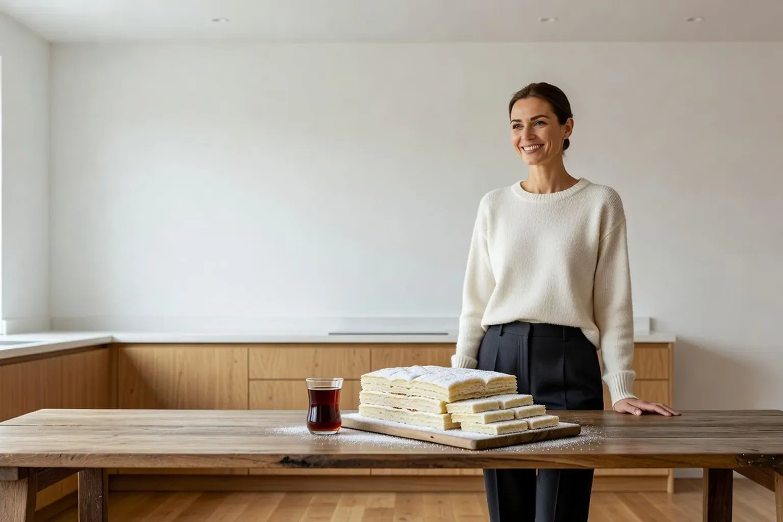Femme souriante derrière une longue table en bois portant une pastila blanche de pommes empilée en couches