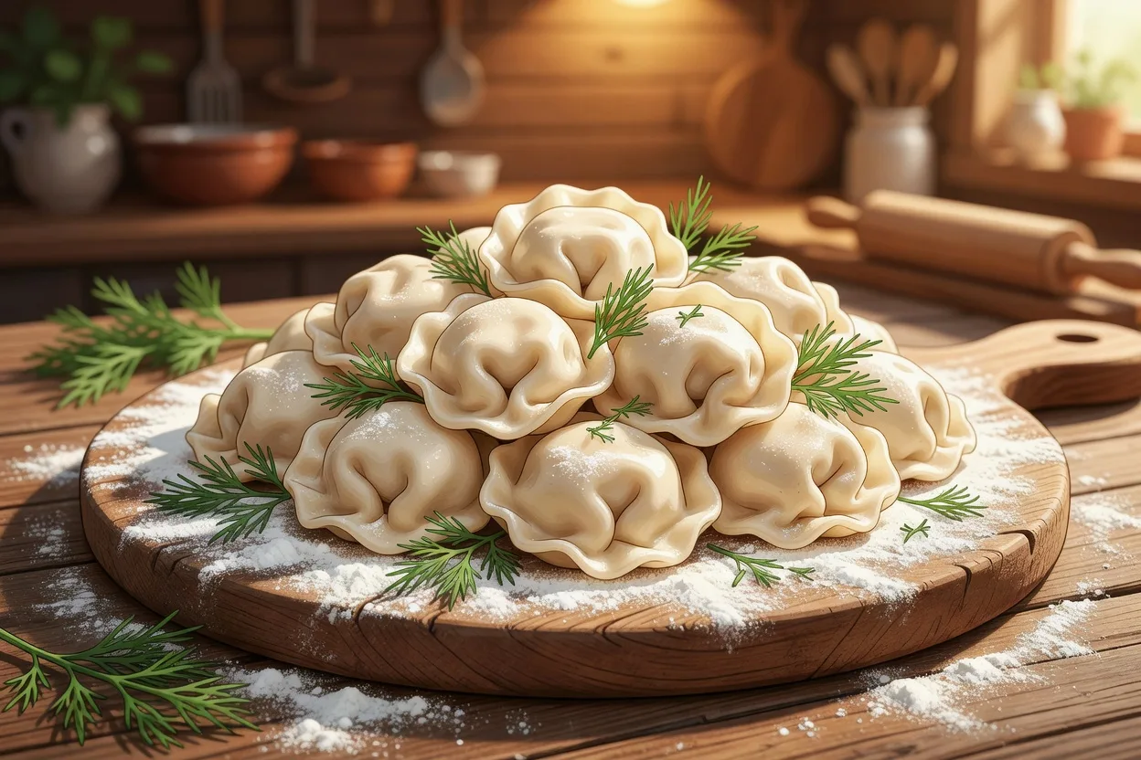 Pelmeni traditionnels russes disposes sur un plateau en bois avec de la creme aigre et de l'aneth