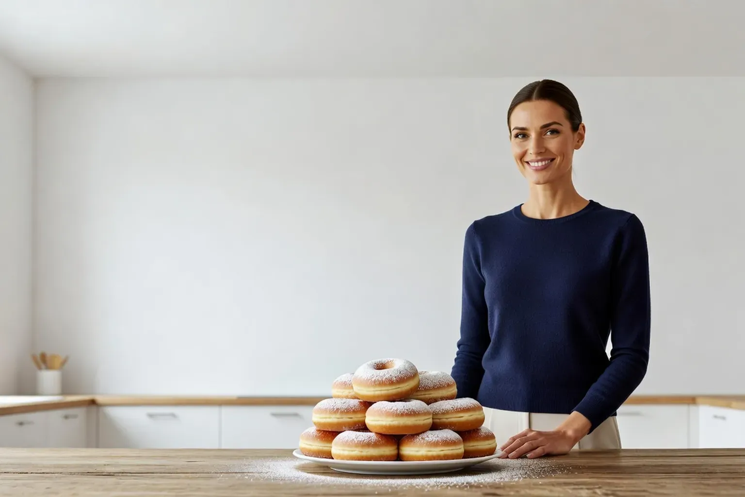 Femme souriante derrière une table en bois, devant une assiette de pychki, beignets en anneau couverts de sucre glace