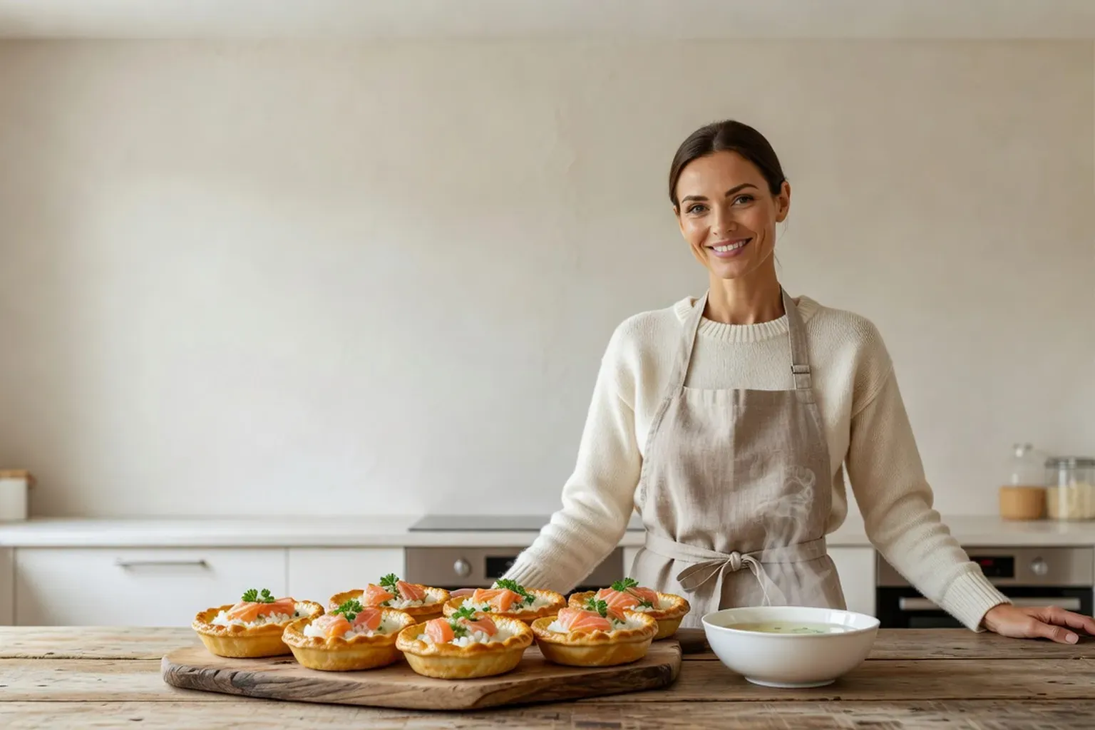 Femme souriante derrière une longue table en bois portant des rasstegaï dorés en forme de barque, farcis de poisson et de riz