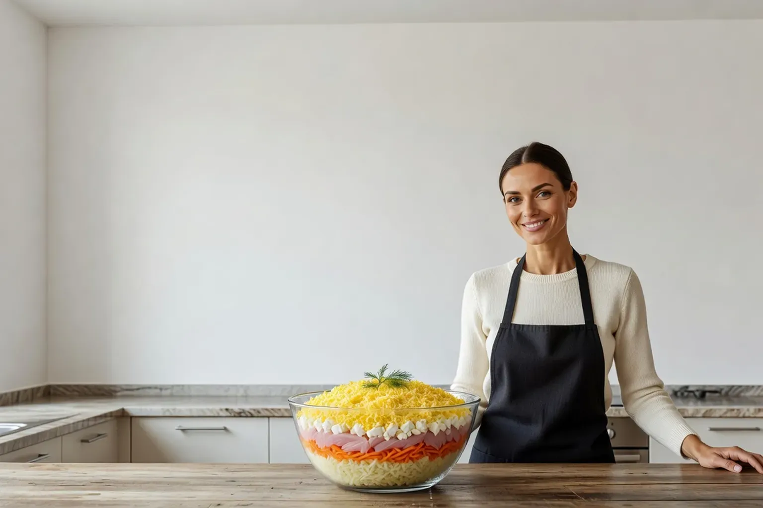 Femme souriante derrière une table en bois, présentant une salade Mimosa en couches dans un saladier en verre
