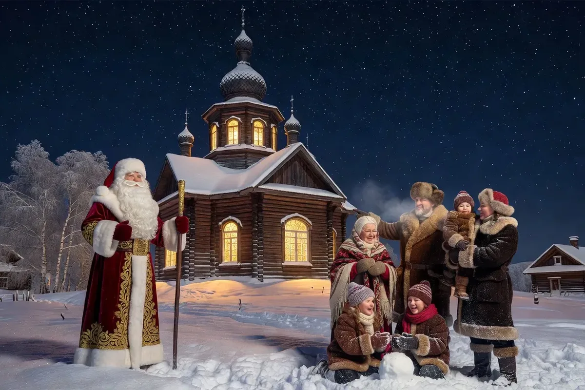 Église orthodoxe russe illuminée dans la neige lors de Noël le 7 janvier