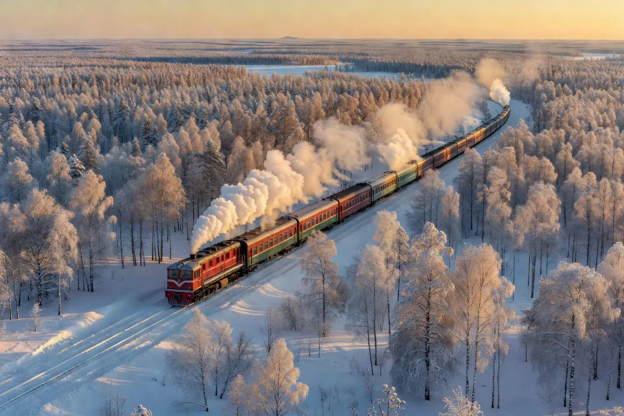 Train du Transsibérien traversant une forêt de bouleaux sibérienne sous la neige