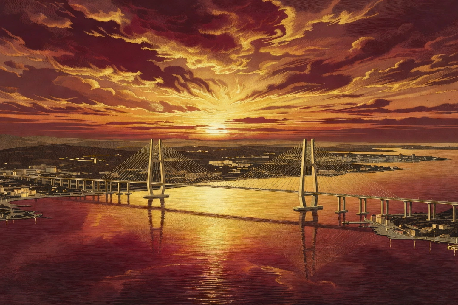 Vue panoramique du pont doré de Vladivostok sur la baie de la Corne d'Or au coucher du soleil